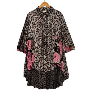 Sadie B's Top Womens Plus 3X Leopard Floral Button Up Tunic Hi Low Sheer
